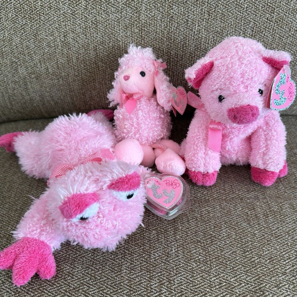 3 TY Beanie Babies PINKY'S TY Collectibles Pink Plush Pig Frog Dog